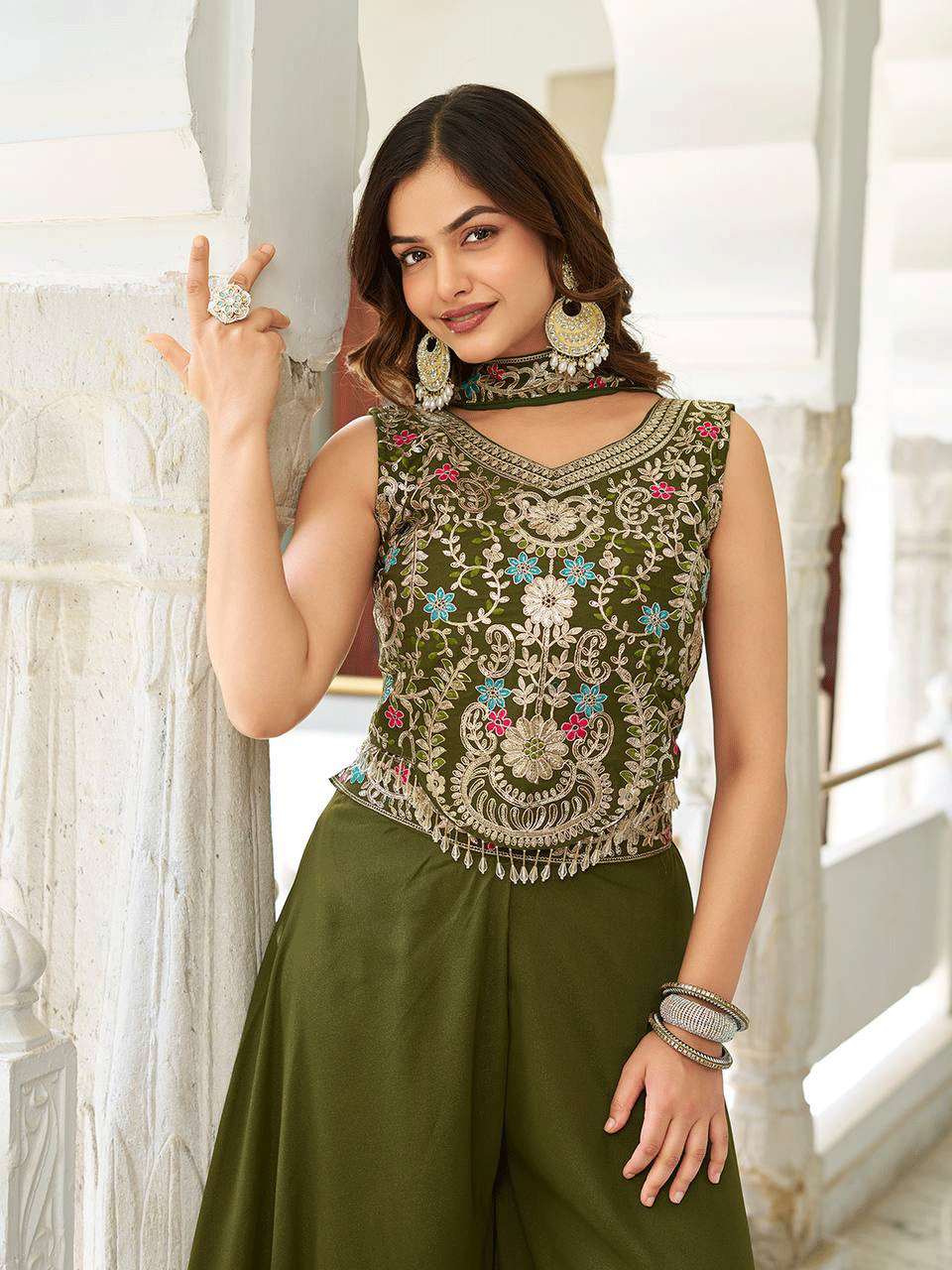 Olive Green Embroidered Georgette Indo-Western Party  Wear
