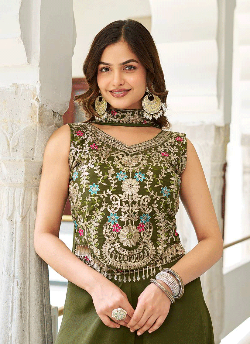 Olive Green Embroidered Georgette Indo-Western Party  Wear