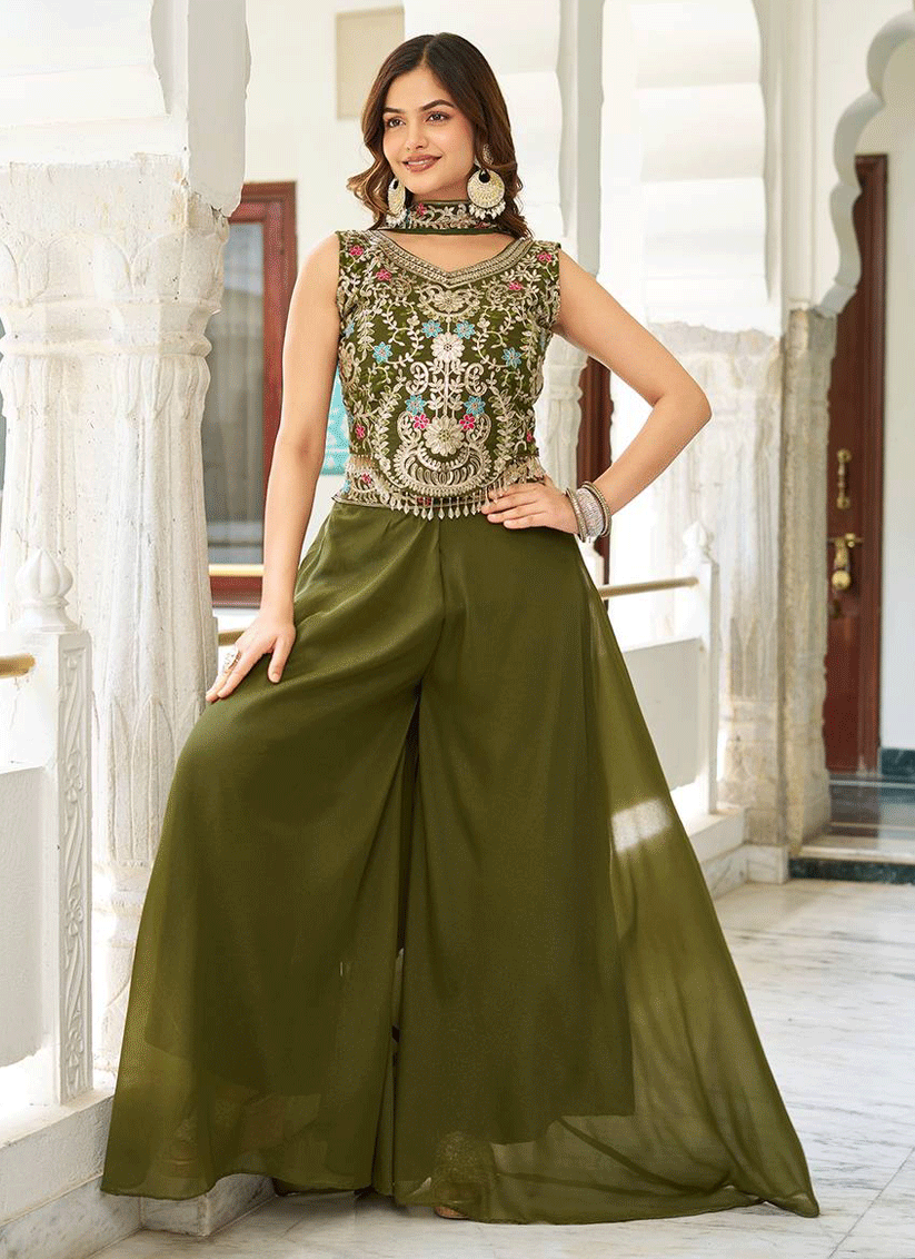 Olive Green Embroidered Georgette Indo-Western Party  Wear