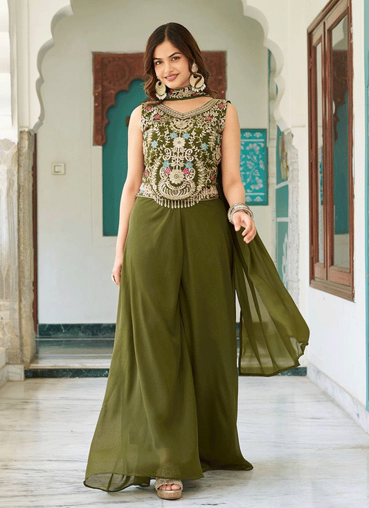 Olive Green Embroidered Georgette Indo-Western Party  Wear