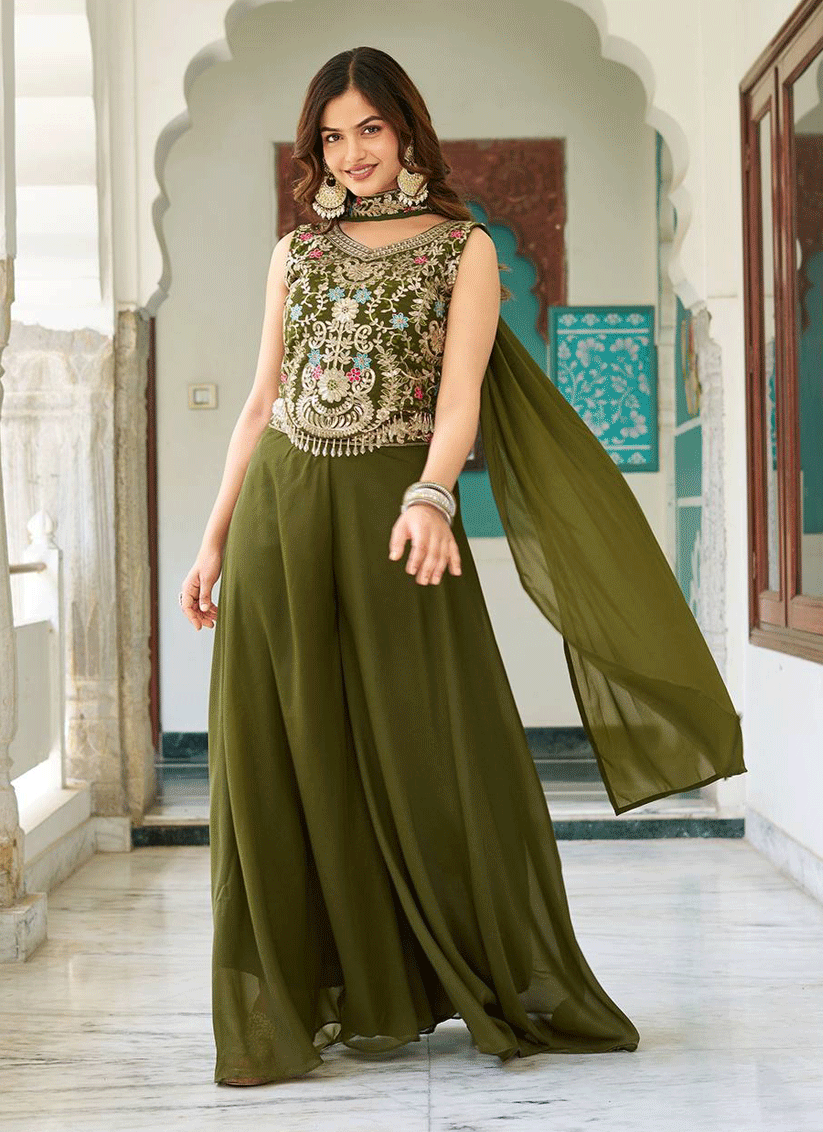 Olive Green Embroidered Georgette Indo-Western Party  Wear