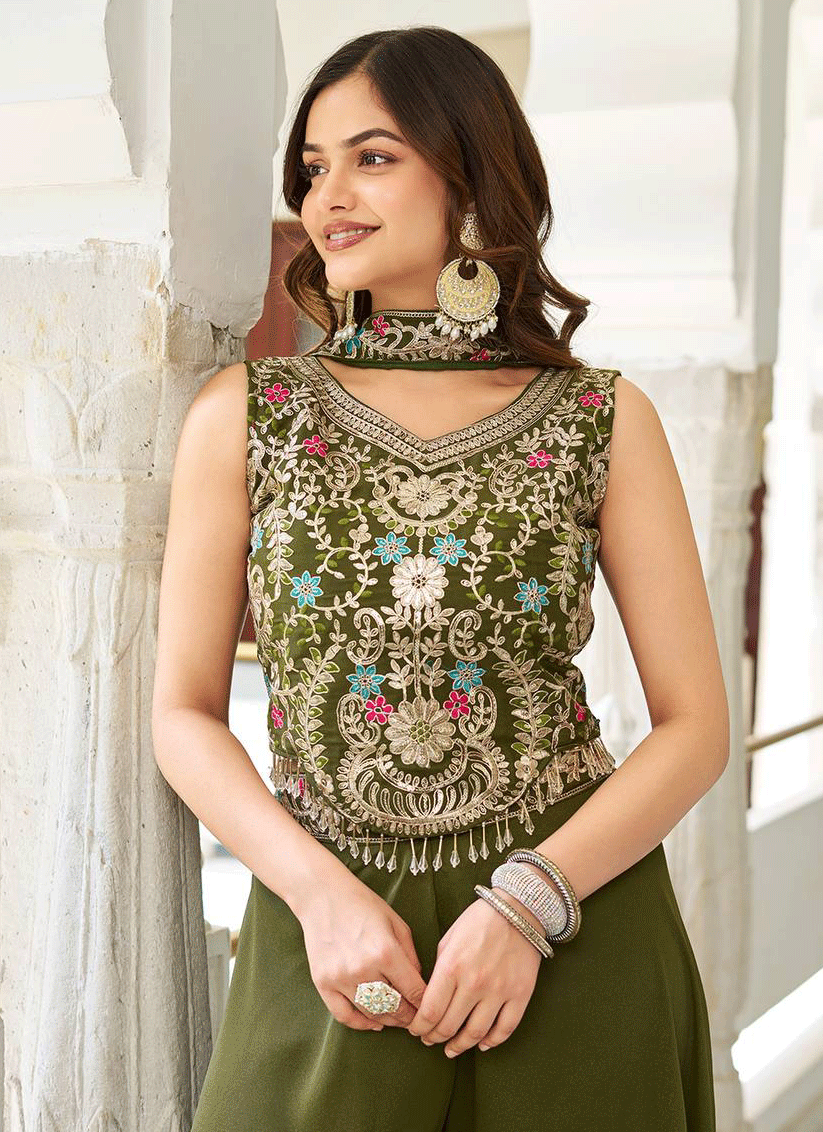 Olive Green Embroidered Georgette Indo-Western Party  Wear