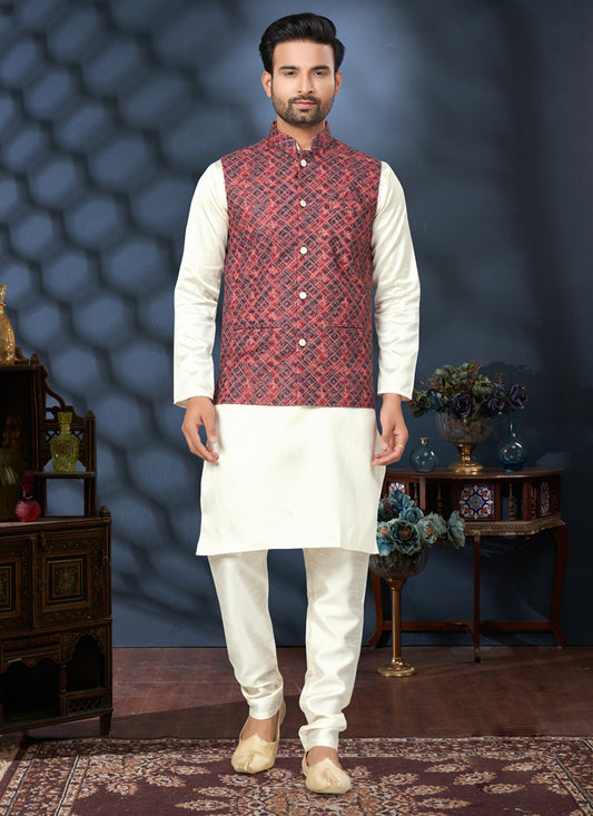 Off White Silk Kurta Pyjama with Red Jacket