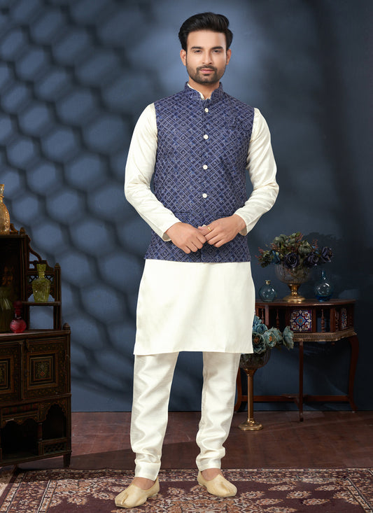 Off White Silk Kurta Pyjama with Navy Blue Jacket
