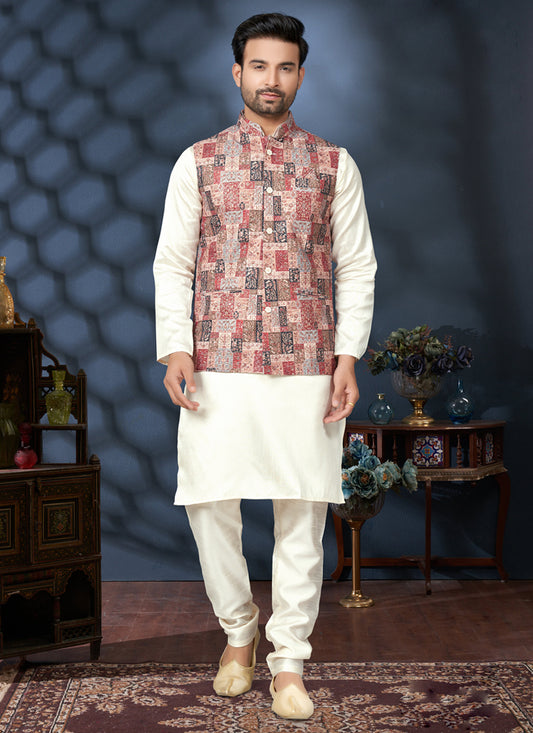 Off White Silk Kurta Pyjama with Multicolor Jacket