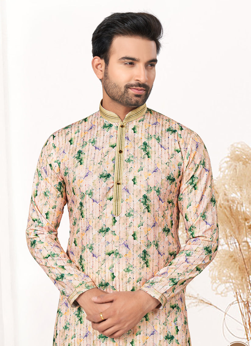 Beige Cotton Kurta Pyjama Set