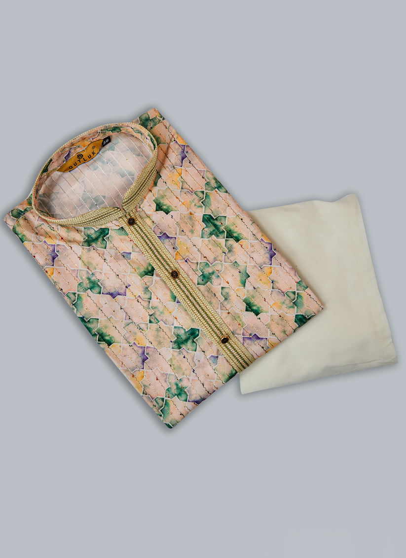 Beige Cotton Kurta Pyjama Set