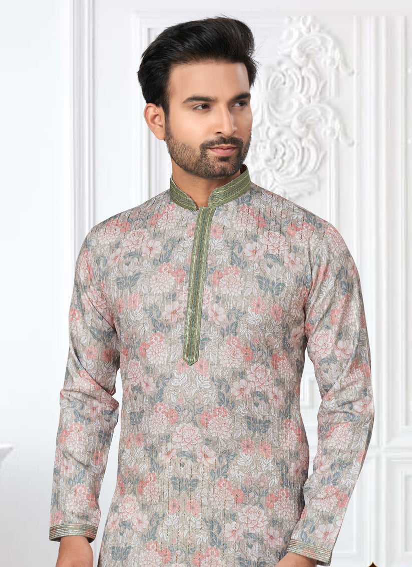 Teal Grey Cotton Digital Printed Kurta Set