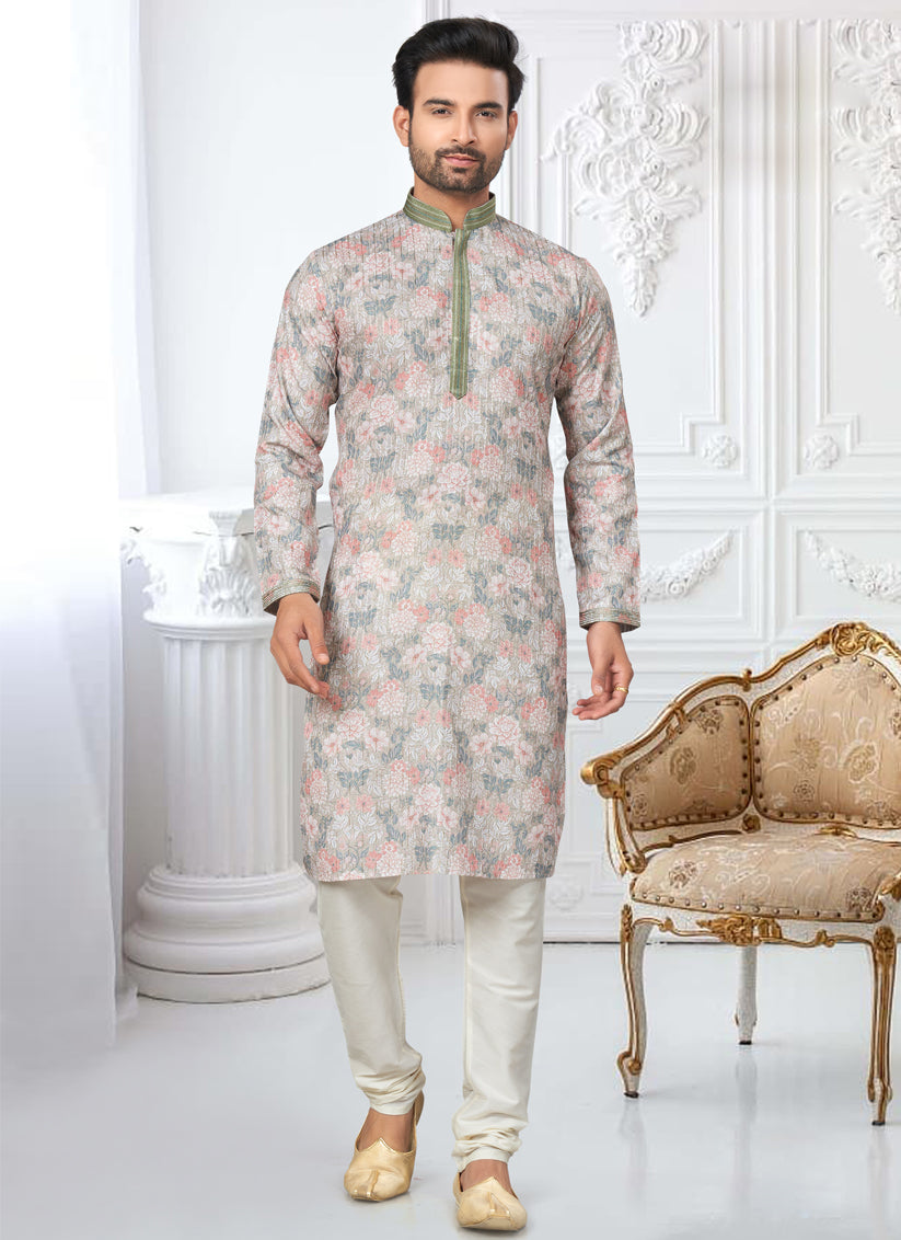 Teal Grey Cotton Digital Printed Kurta Set