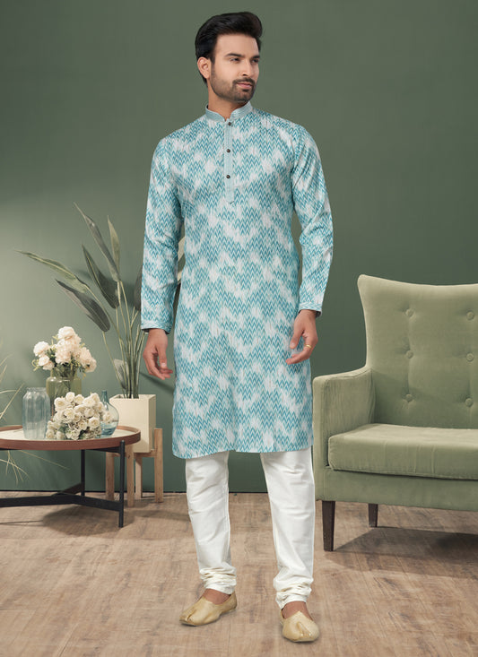 Sky Blue Cotton Kurta Pyjama Set