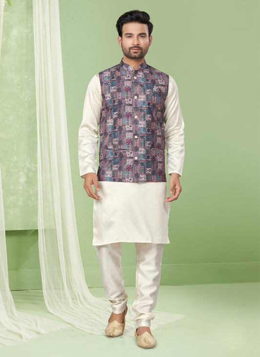 Cream Kurta Pyjama Set with Grey Jacket