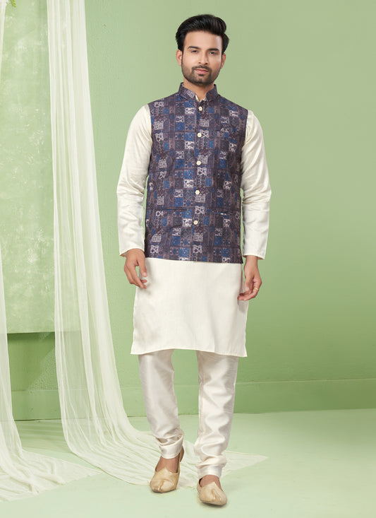 Cream Kurta Pyjama Set with Burgundy Jacket