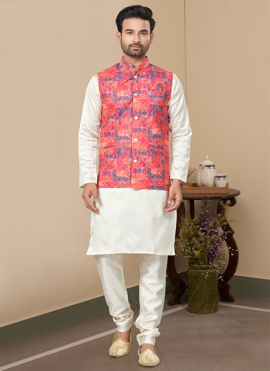 Off White Silk Kurta Pyjama with Red Jacket