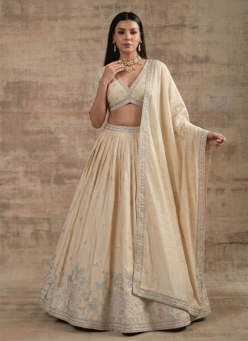 Off White Cream Satin Silk Embroidered Lehenga Choli for Women