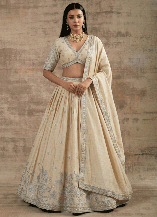 Off White Cream Satin Silk Embroidered Lehenga Choli for Women