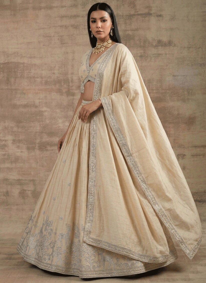 Off White Cream Satin Silk Embroidered Lehenga Choli for Women
