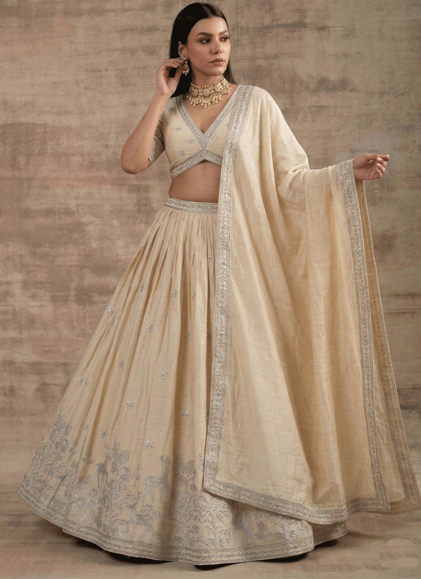 Off White Cream Satin Silk Embroidered Lehenga Choli for Women