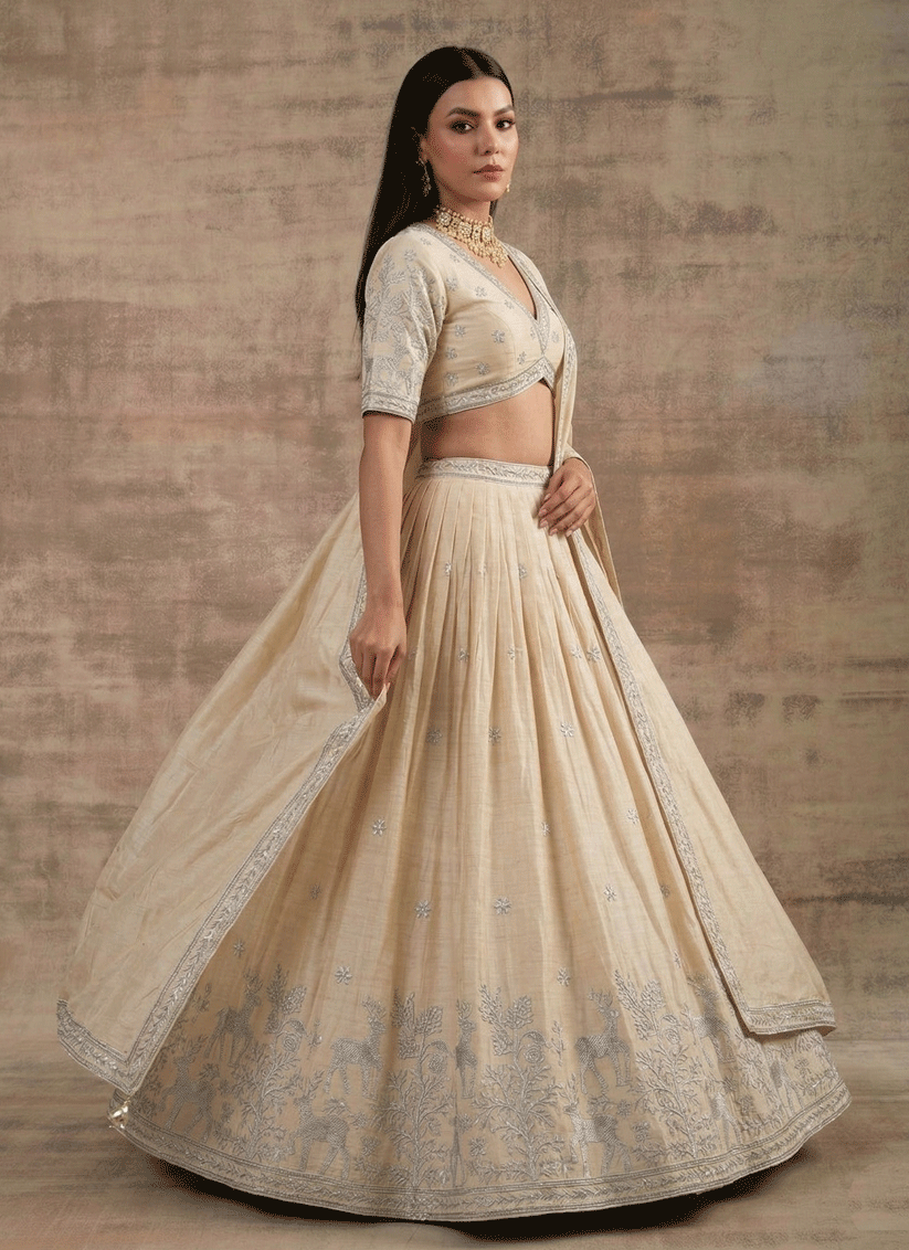 Off White Cream Satin Silk Embroidered Lehenga Choli for Women