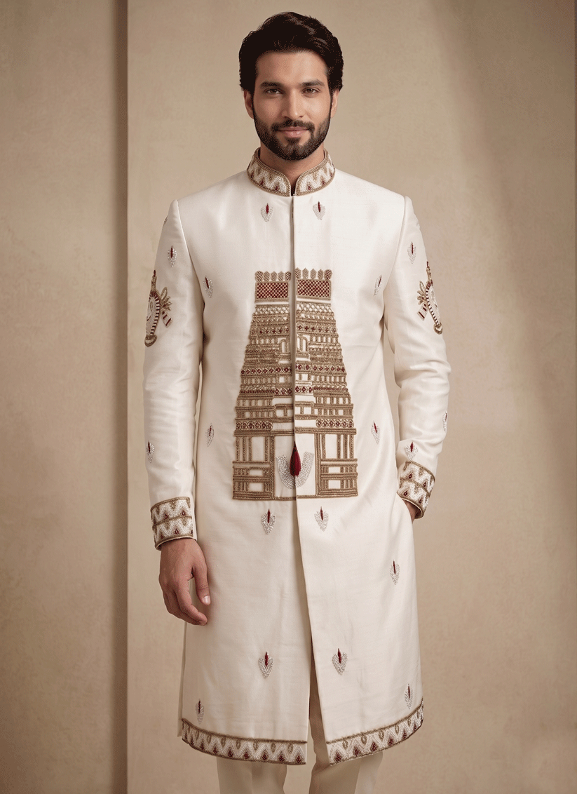 White Satin Silk Ready Made Indo Western