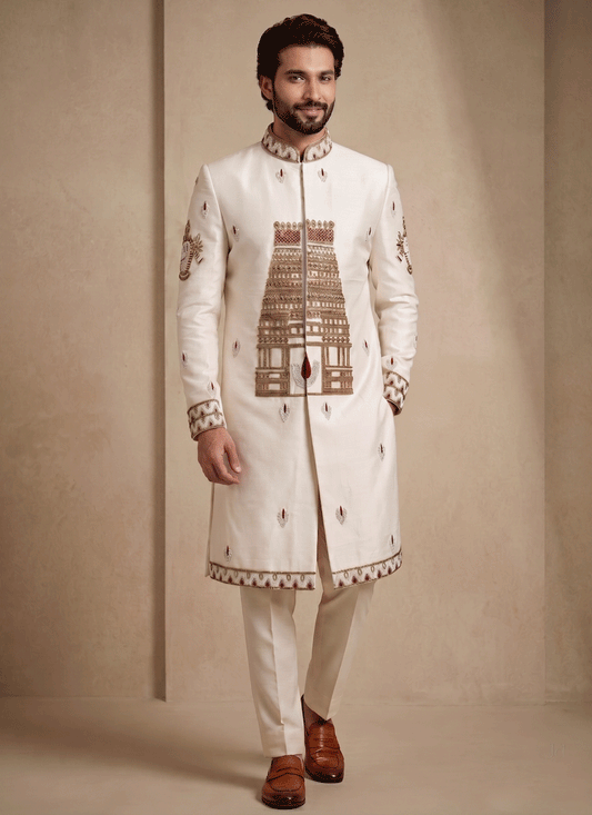 White Satin Silk Ready Made Indo Western