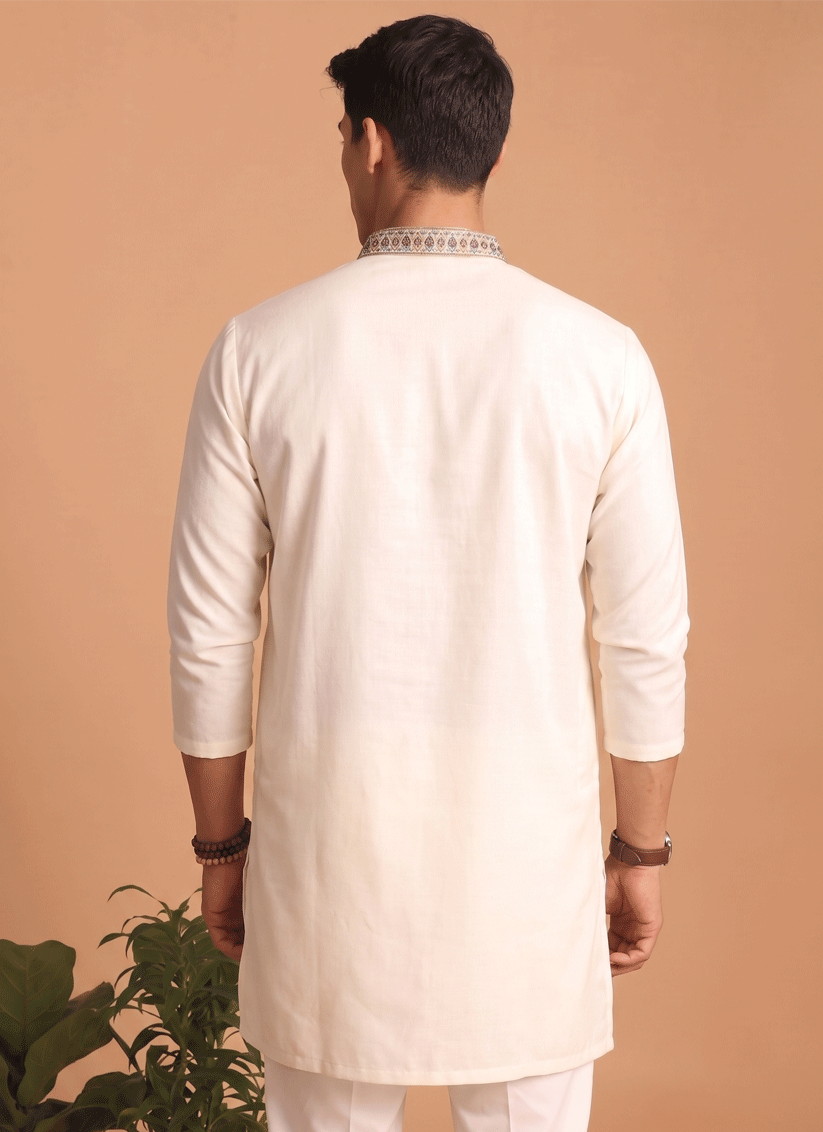 Off-White Embroidered Men's Kurta Set for Festive Wear