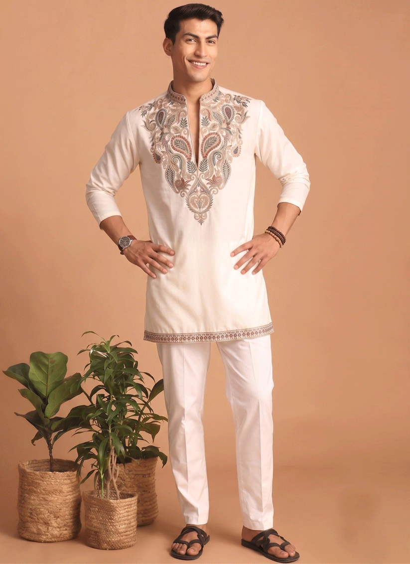 Off-White Embroidered Men's Kurta Set for Festive Wear