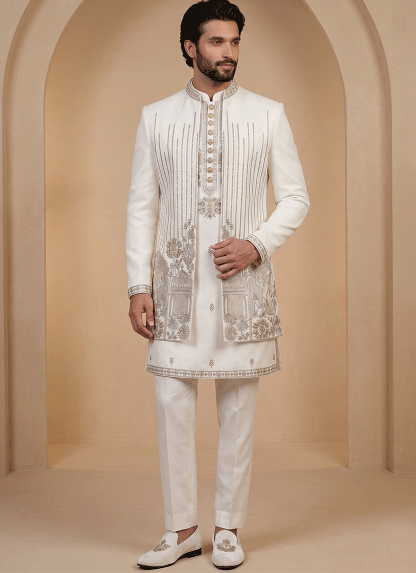 White Satin Silk Ready Made Indo Western