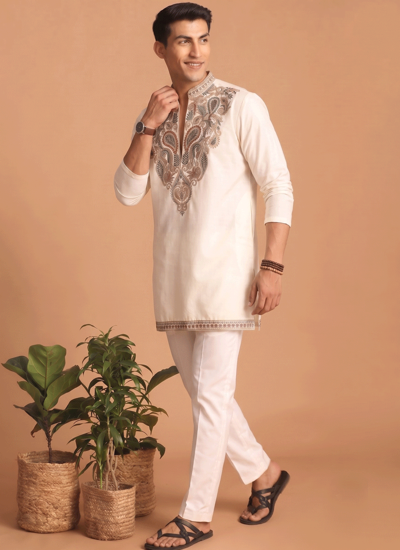 Off-White Embroidered Men's Kurta Set for Festive Wear