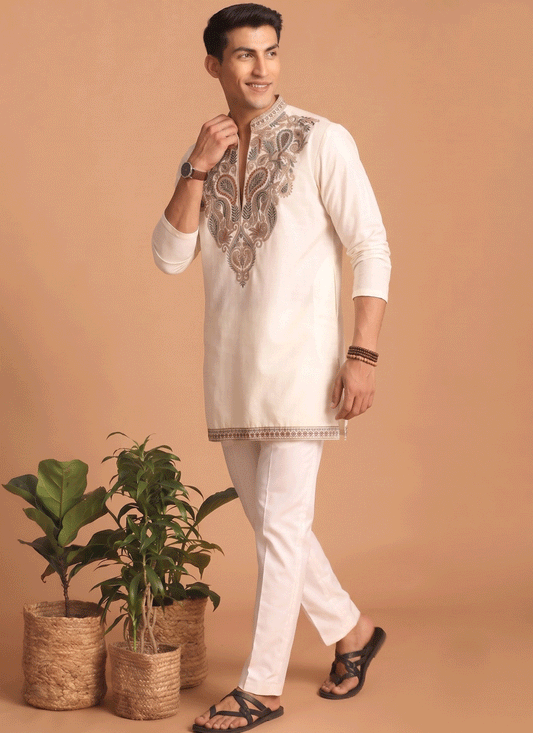 Off-White Embroidered Men's Kurta Set for Festive Wear