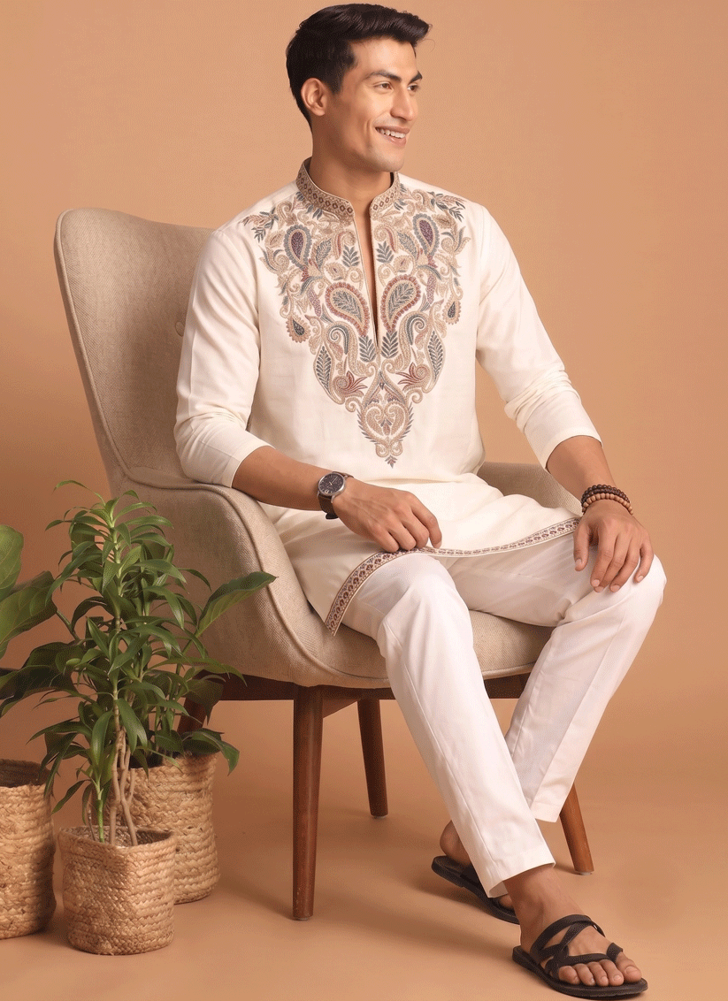 Off-White Embroidered Men's Kurta Set for Festive Wear