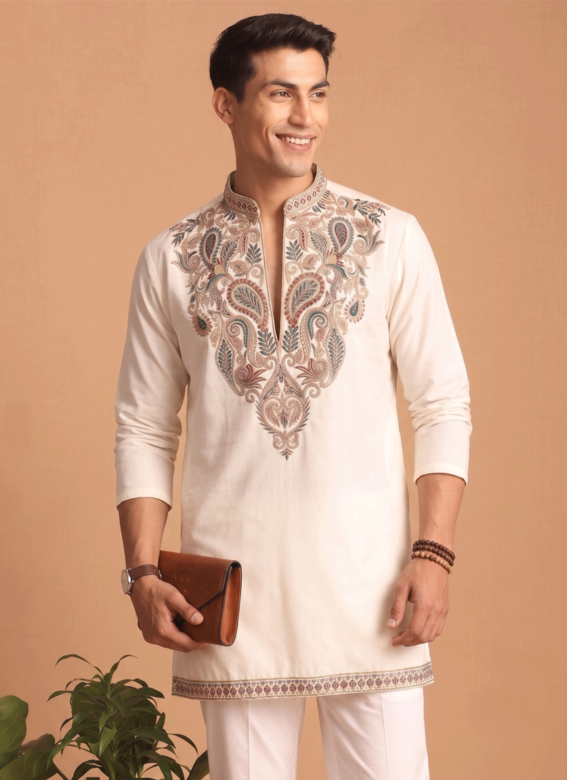 Off-White Embroidered Men's Kurta Set for Festive Wear