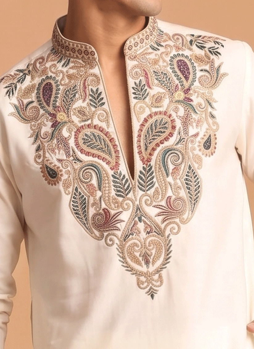 Off-White Embroidered Men's Kurta Set for Festive Wear