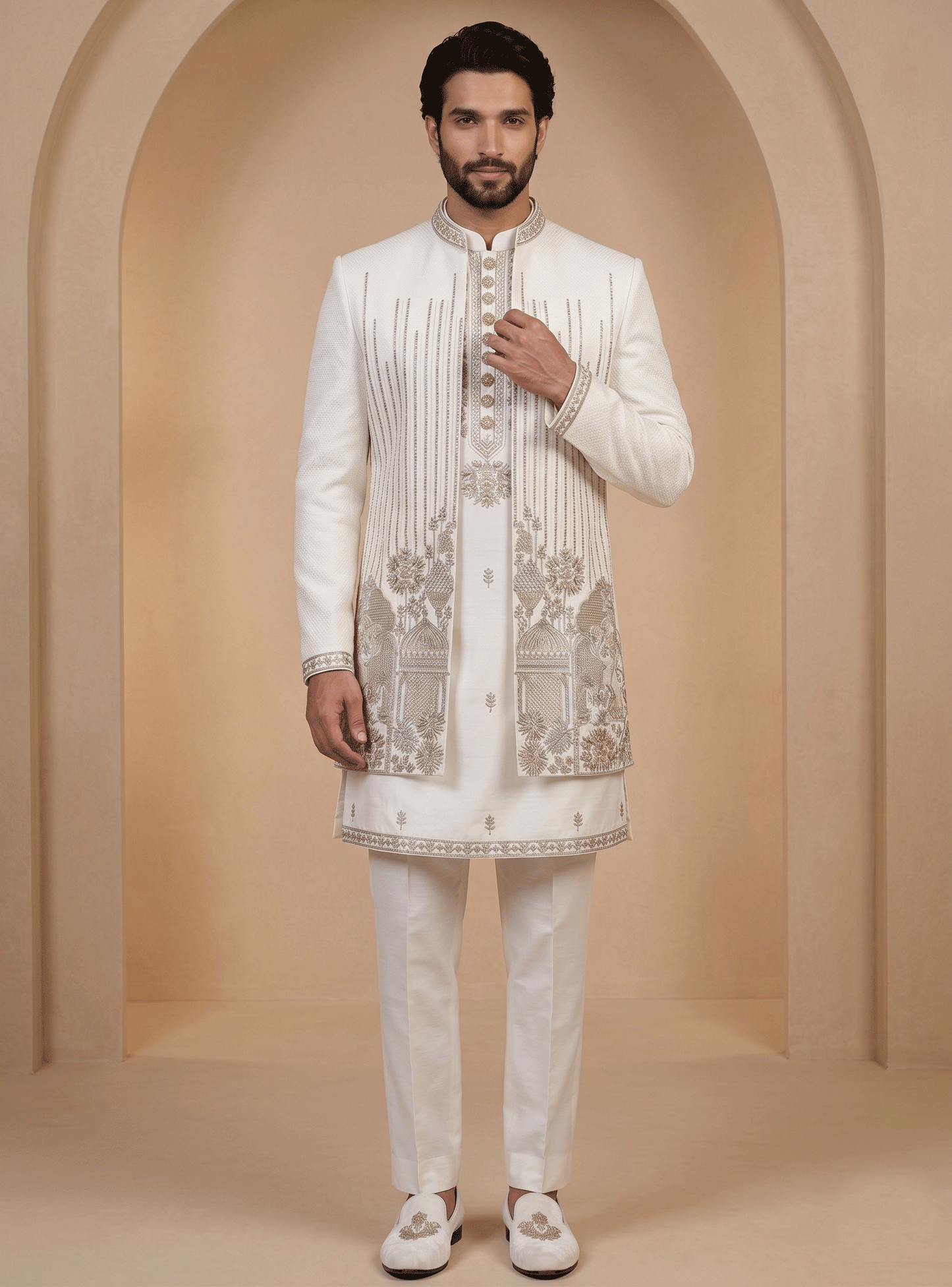 White Satin Silk Ready Made Indo Western