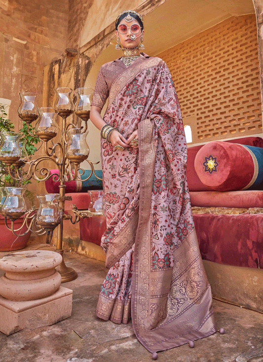 Old Rose Floral Printed Designer Silk Saree