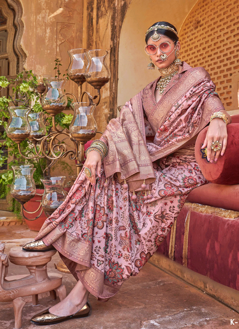 Old Rose Floral Printed Designer Silk Saree