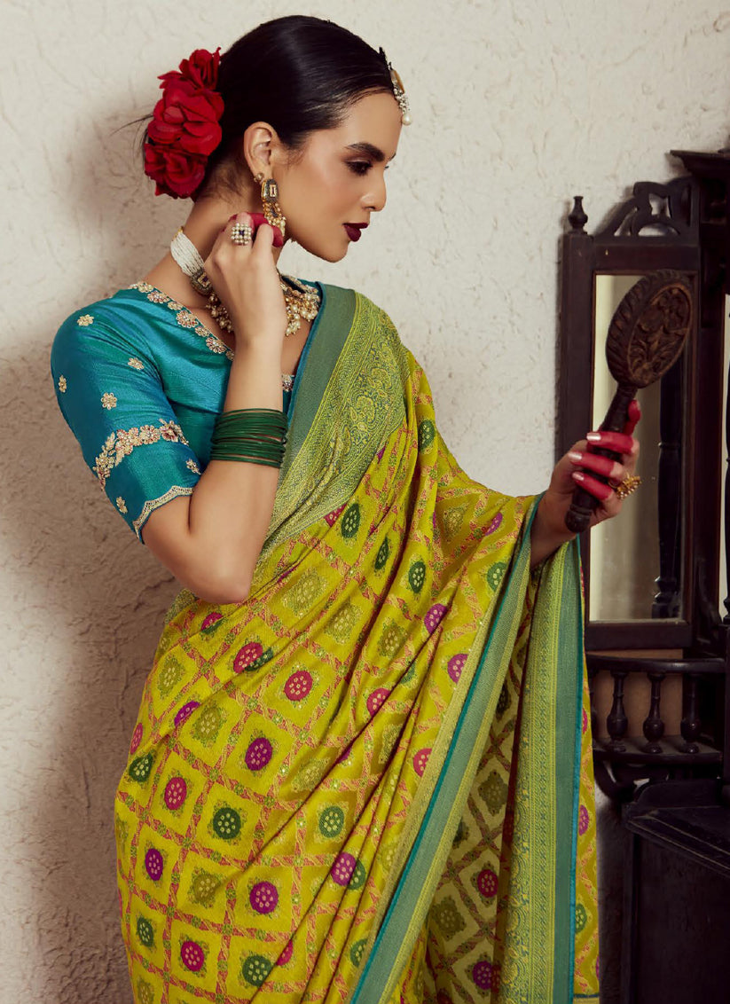 Chartreuse Green Brasso Saree with Blouse