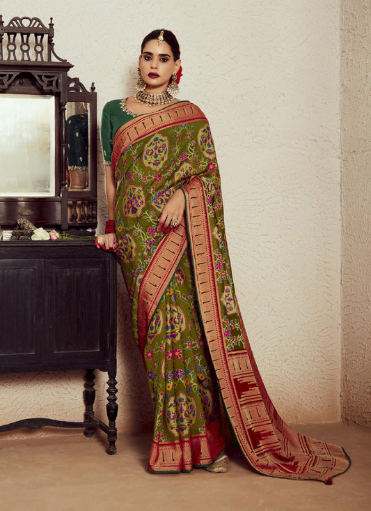 Mehendi Green Brasso Saree with Blouse