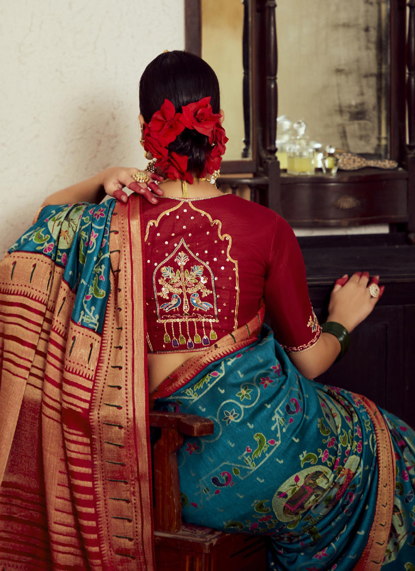 Peacock Blue Brasso Saree with Blouse