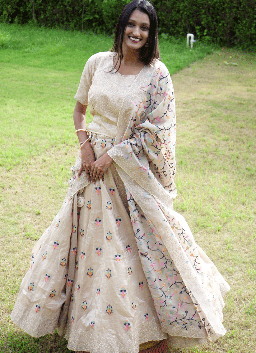 Cream Tissue Heavy  Embroidered Designer Lehenga Choli
