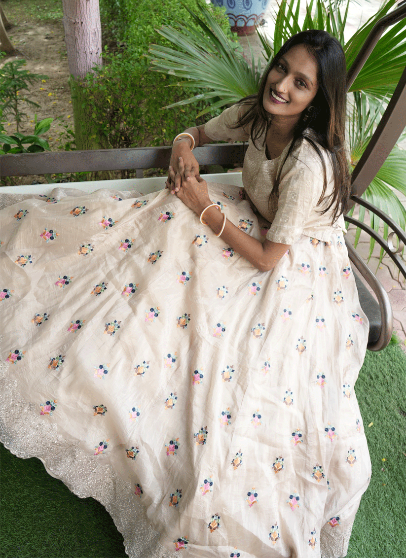 Cream Tissue Heavy  Embroidered Designer Lehenga Choli