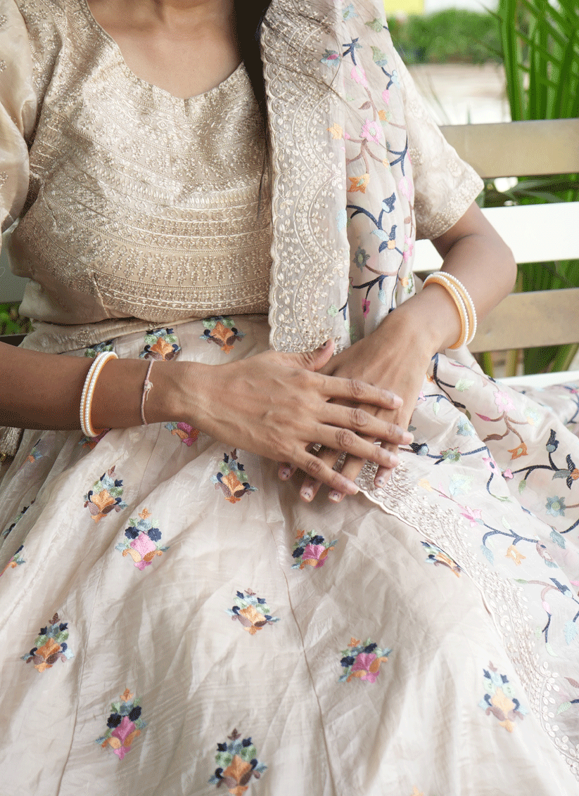 Cream Tissue Heavy  Embroidered Designer Lehenga Choli