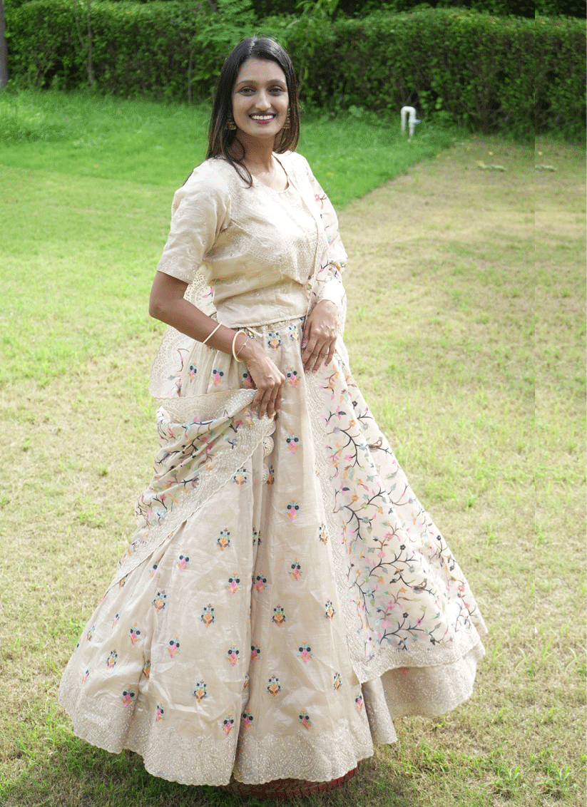 Cream Tissue Heavy  Embroidered Designer Lehenga Choli