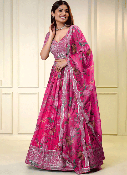 Blush Pink Floral Digital-Print Embroidered & Sequins Designer Lehenga Choli for Weddings