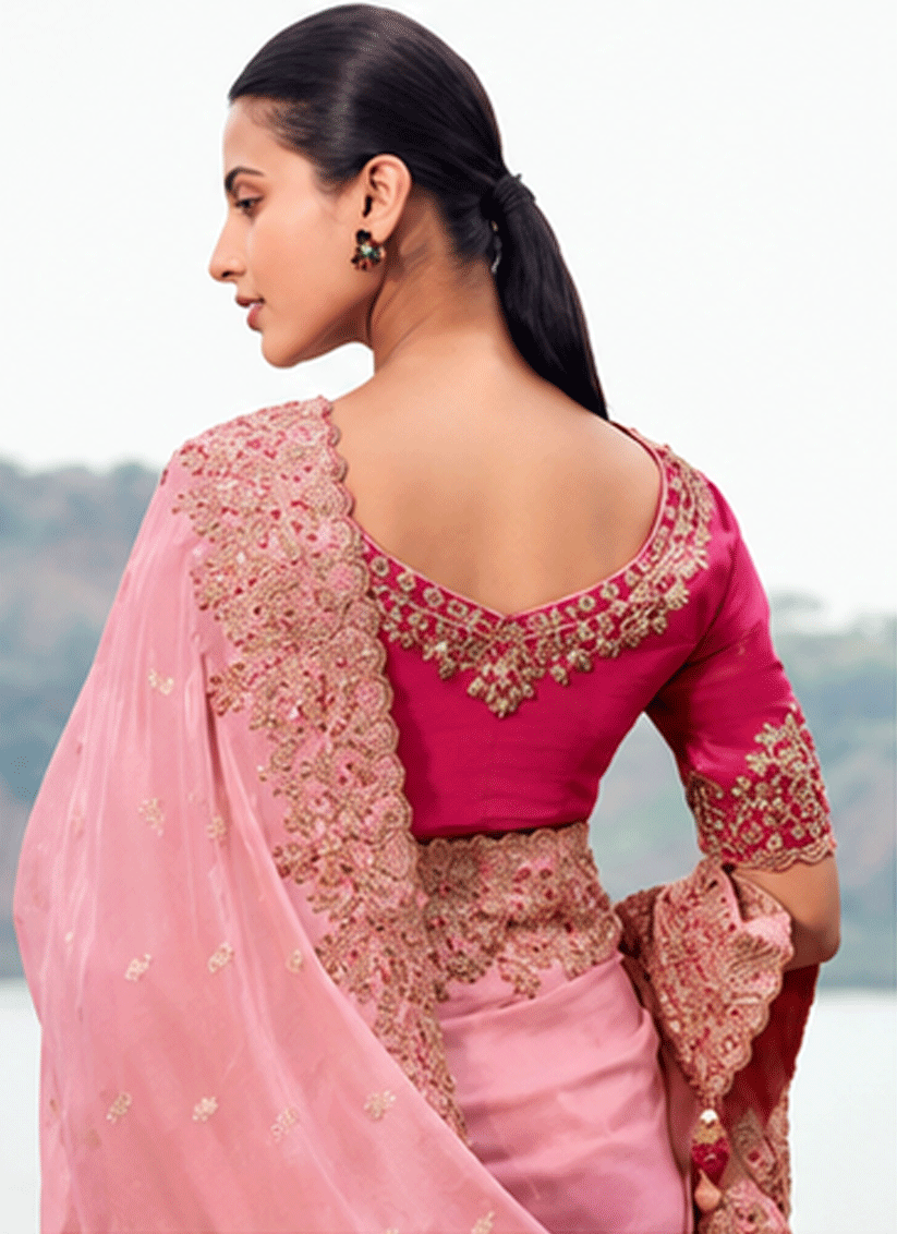 Elegant Pink Organza Silk Saree Featuring Sequins and Stone Embroidery
