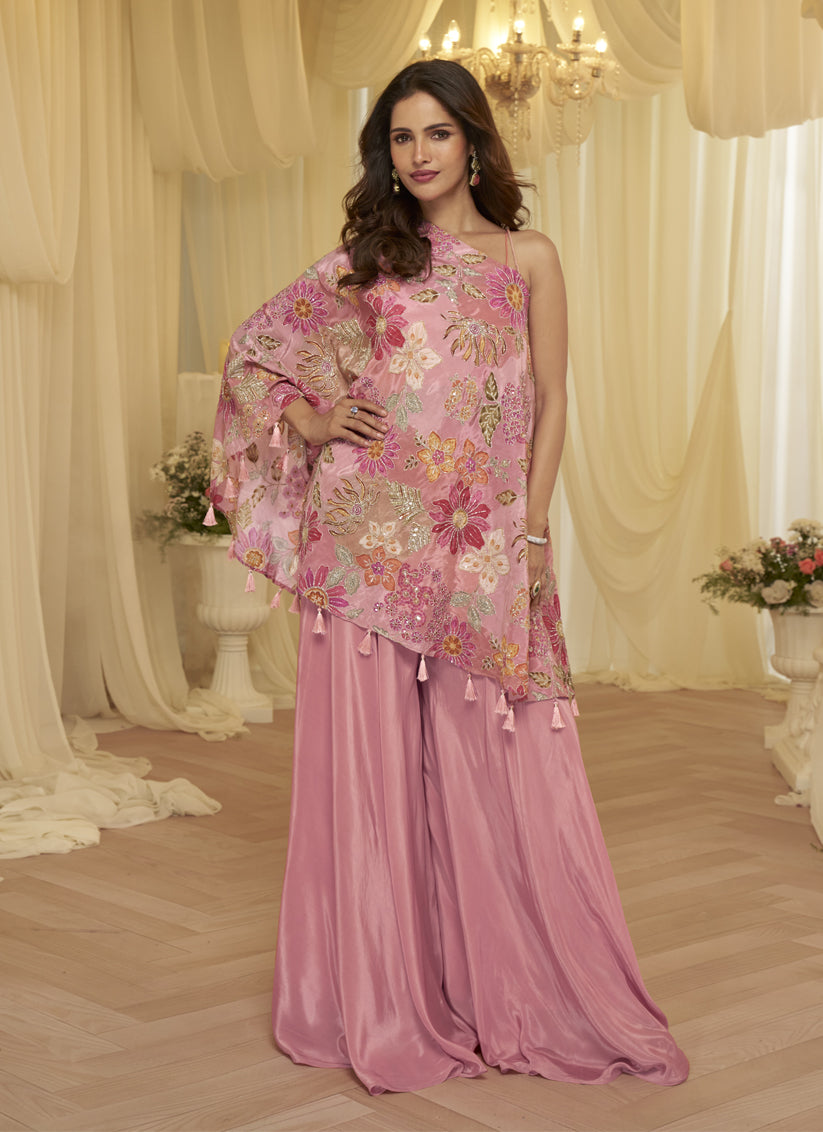 Stylish Pink Embroidered Designer Sharara Suit