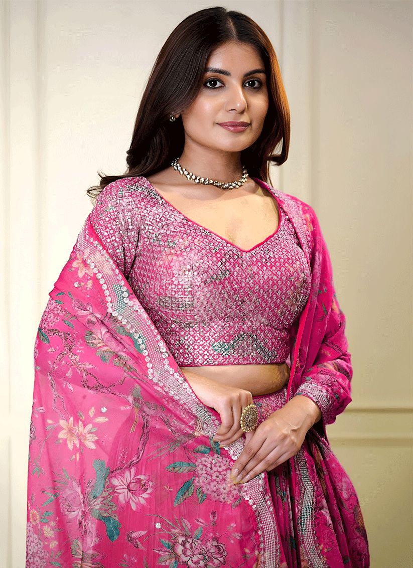 Blush Pink Floral Digital-Print Embroidered & Sequins Designer Lehenga Choli for Weddings