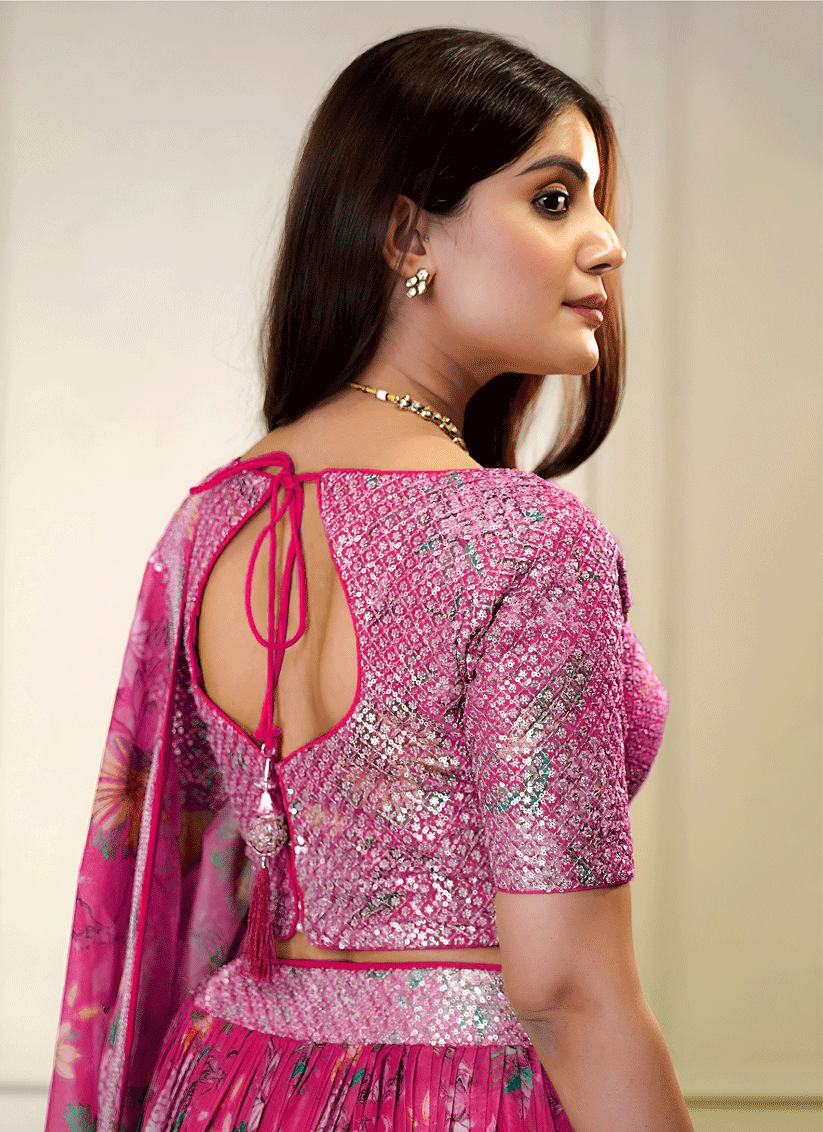 Blush Pink Floral Digital-Print Embroidered & Sequins Designer Lehenga Choli for Weddings