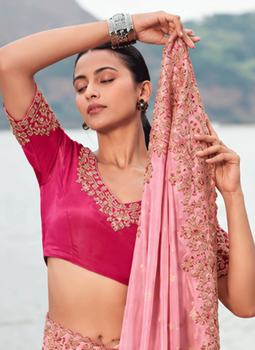 Elegant Pink Organza Silk Saree Featuring Sequins and Stone Embroidery