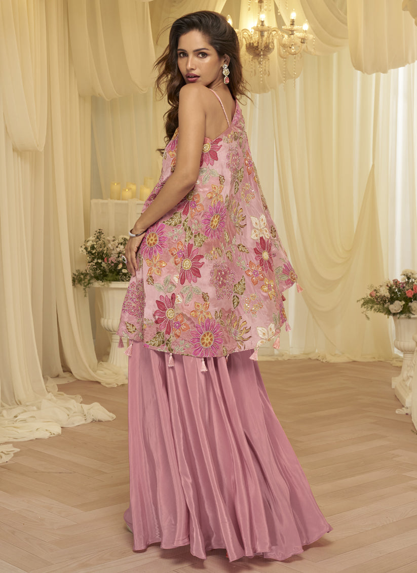 Stylish Pink Embroidered Designer Sharara Suit