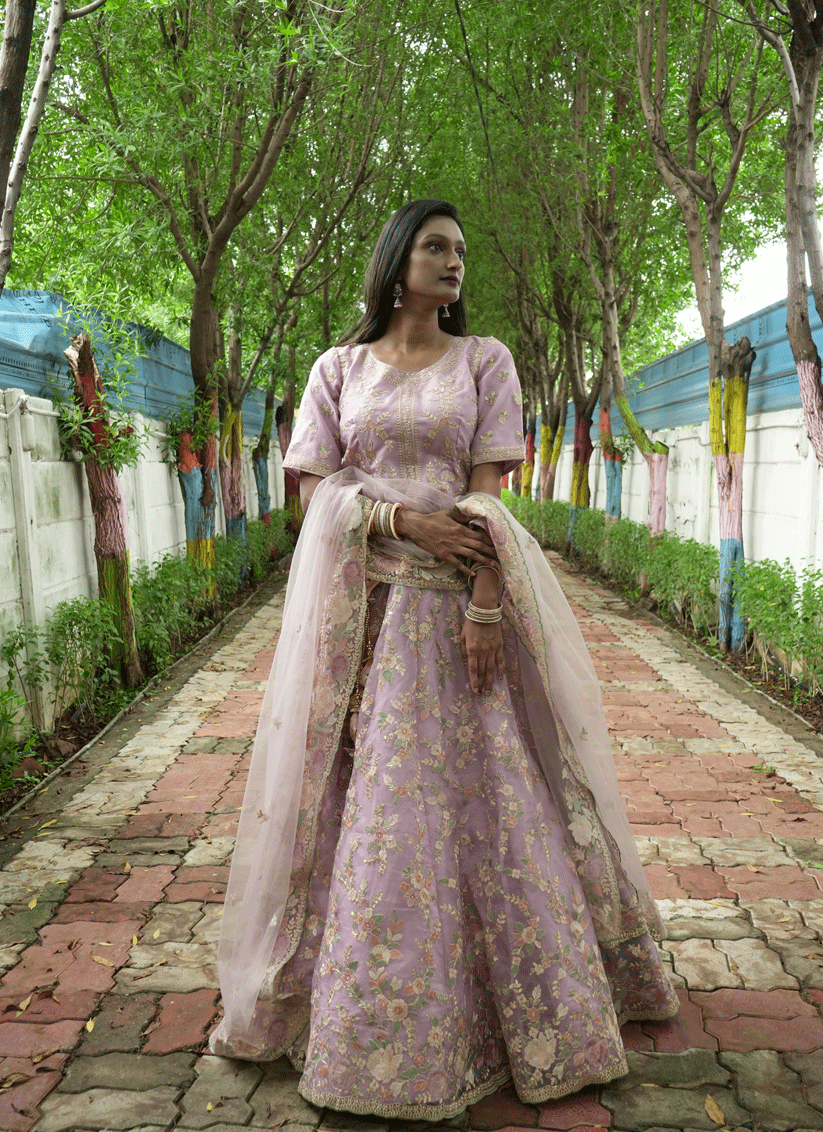 Mauve Tissue Heavy  Embroidered Designer Lehenga Choli